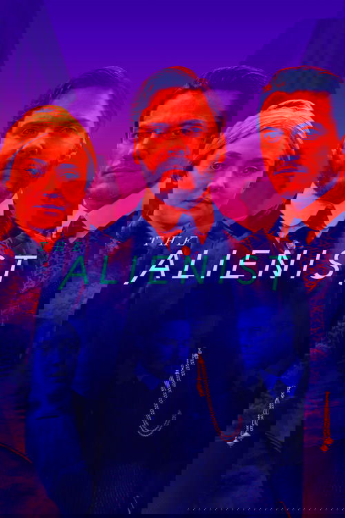 The poster features three characters in a dramatic pose against a moody, purple-lit background. The title "The Alienist" glows in neon blue, suggesting a sci-fi thriller. The atmosphere is tense and mysterious, hinting at an intense mystery and supernatural elements.