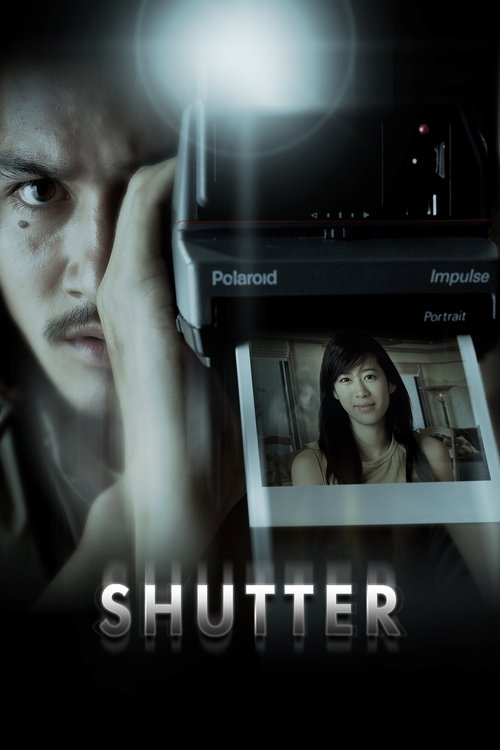 The poster features a close-up of a man with intense, piercing eyes, his hand resting near his face. The background is dark, with a spotlight casting dramatic shadows. A small inset shows a woman looking concerned, while the title "SHUTTER" is prominently displayed in bold, metallic letters. The ...