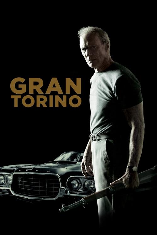 A rugged man stands in shadow against a dark background, holding a shotgun, with the title "Gran Torino" prominently displayed in bold gold letters. The image conveys a gritty, intense mood, emphasizing the film's themes of conflict and resilience.
