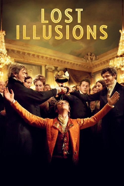 The poster features a group of elegantly dressed characters in a grand, opulent room, with warm golden lighting casting dramatic shadows. The central figure, wearing a striking red coat, stands out against the darker surroundings, suggesting a sense of mystery and intrigue. The title "LOST ILLUSI...