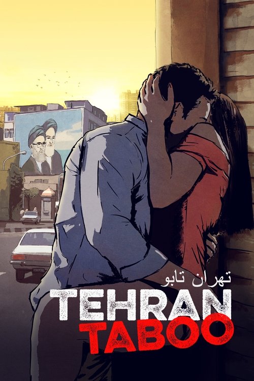 The poster features a tender embrace between two characters against a warm, sunlit backdrop. The colors blend seamlessly—soft blues, reds, and yellows evoke a nostalgic, intimate atmosphere. The title "TEHRAN TABOO" is prominently displayed in bold, contrasting fonts, anchoring the image with a s...