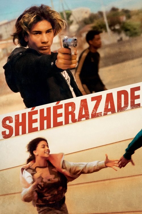 This poster captures the gritty, dramatic essence of "Shéhérazade" with its intense composition. The central figure, holding a gun, exudes aggression and danger, while the background figures add layers of conflict. The warm, sunlit tones and vibrant red text create a visually striking and evocati...