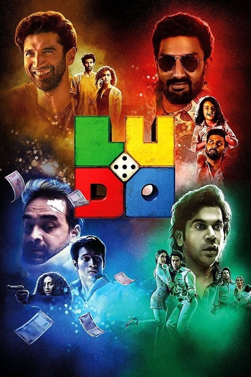 The poster features a vibrant collage of characters from the movie "Ludo," with a central title in bold, colorful letters. The background blends warm and cool tones, creating a dynamic and energetic atmosphere. The mood suggests excitement and anticipation, capturing the essence of a thrilling ac...