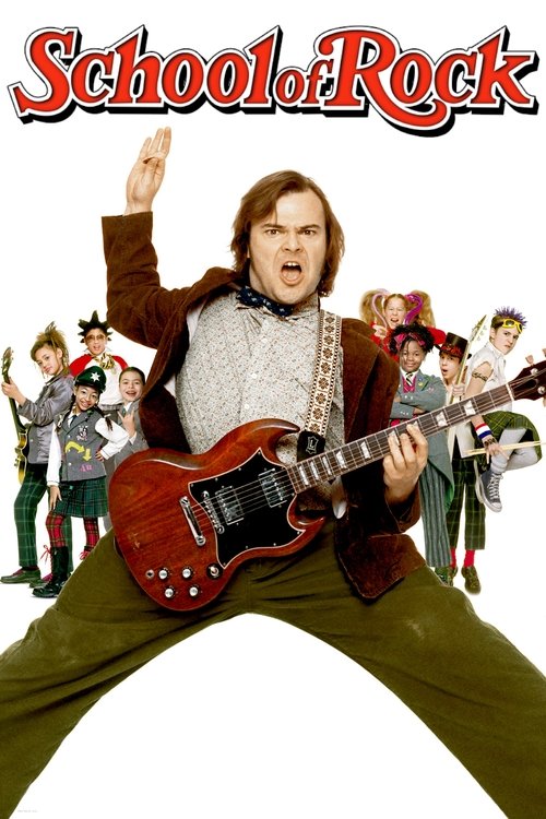 The poster features a central figure in a brown jacket and white shirt playing a red guitar, surrounded by other characters in colorful outfits. The background is white, emphasizing the vibrant colors of the characters and the movie title at the top. The mood is energetic and playful, capturing t...