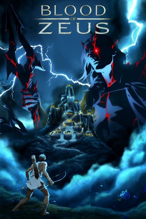 This dark fantasy poster features a lone warrior in white armor wielding a sword against towering, menacing figures with glowing red eyes and lightning bolts. The scene is set in a stormy, blue-toned landscape with ominous clouds, creating an intense and dramatic mood. The title "Blood of Zeus" i...