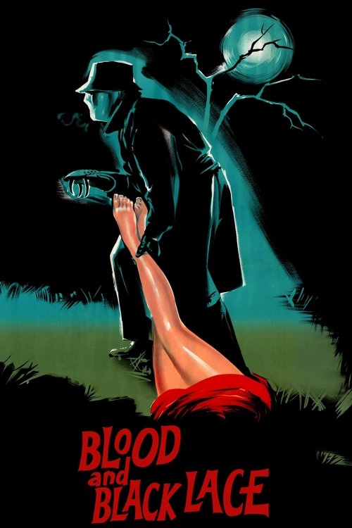 The poster features a man in a black suit and hat standing behind a woman in red lace, both illuminated by a glowing moon. The dark, eerie atmosphere and dramatic lighting create a suspenseful mood, hinting at a thrilling horror story.