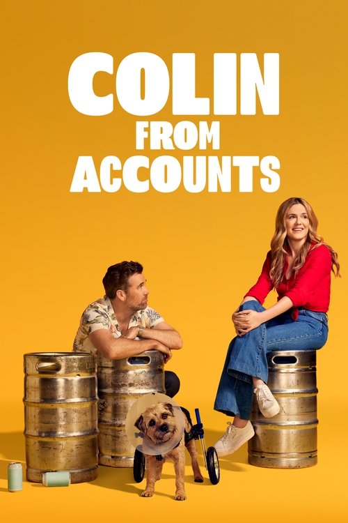 The poster features a cheerful man and woman sitting on metal barrels, with a small dog in the foreground. The bright yellow background and bold white text create a warm, inviting atmosphere. The mood is lighthearted and friendly, suggesting a fun and relatable TV show.