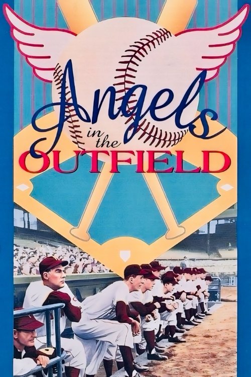The poster features a lineup of baseball players in white uniforms, set against a vibrant blue background. A large, stylized baseball with wings and a sunburst design dominates the upper portion. The title "Angels in the Outfield" is prominently displayed in bold, colorful lettering. The overall ...
