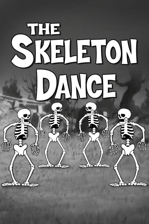 The poster features five skeletal figures dancing in a spooky, eerie atmosphere. The monochromatic color scheme enhances the eerie mood, while the stark white text against the dark background creates a haunting visual impact.