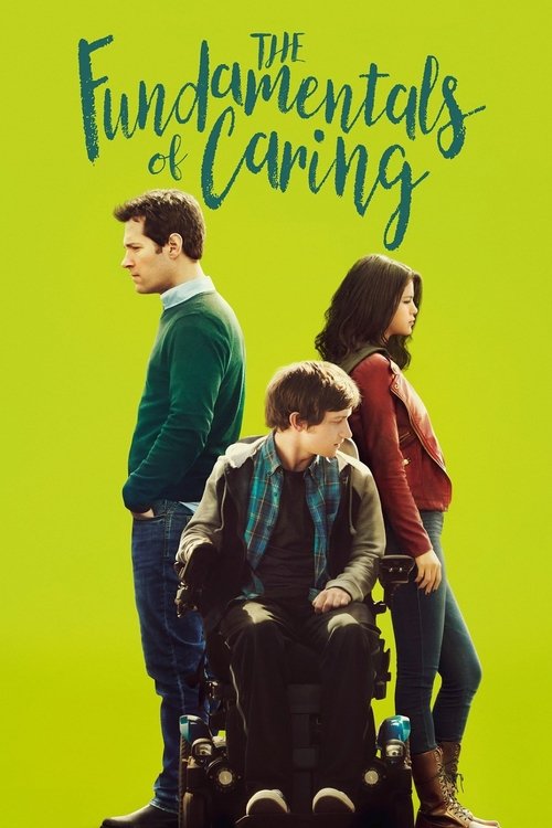The poster features three characters against a vibrant lime green background, exuding warmth and optimism. The man in the green sweater stands on the left, while the woman in the red jacket and the man in the wheelchair occupy the center and right, respectively. Their expressions convey a sense o...