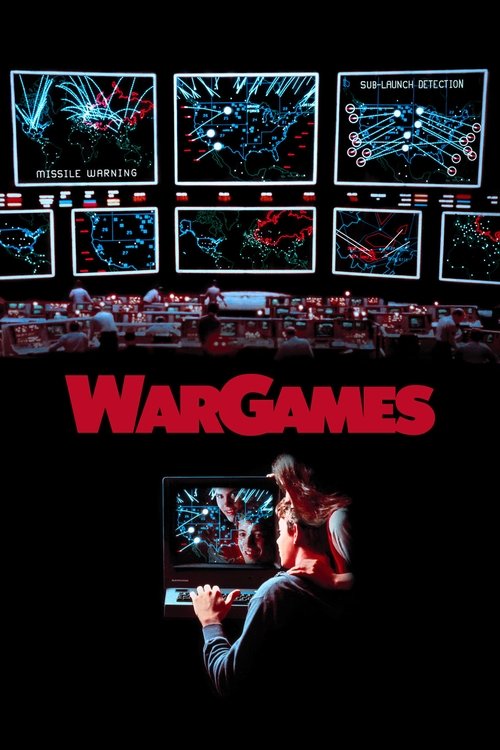 The poster features a man in a red shirt playing a video game, surrounded by monitors displaying futuristic combat scenes. The dark background and bold red text create a high-tech, suspenseful atmosphere.