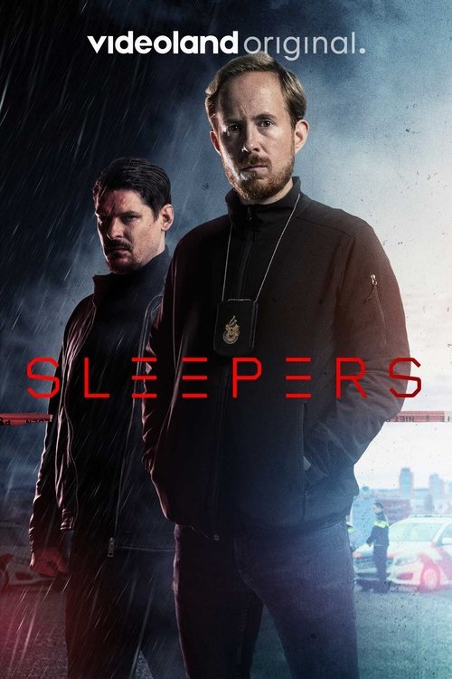 This TV show poster for "Sleepers" features two men in dimly lit, rainy conditions. The muted tones of brown and black create a somber, mysterious atmosphere. The word "SLEEPERS" is prominently displayed in red, suggesting a supernatural or thriller genre.