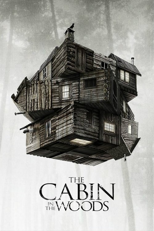 The poster features a hauntingly beautiful, floating wooden cabin with intricate details and a dark, eerie atmosphere. The muted tones of brown and gray evoke a sense of mystery and dread, while the title "The Cabin in the Woods" adds to the chilling ambiance.