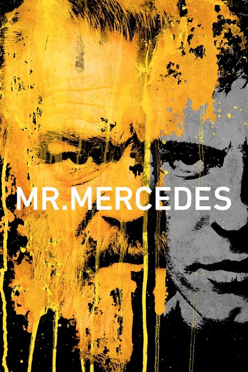 The poster features a split image of two men, one with a yellow-tinted face and the other in grayscale, creating a dramatic contrast. Bold white text reads "MR. MERCEDES" across the center, evoking a sense of mystery and intrigue. The overall composition suggests a thriller or drama with a gritty...