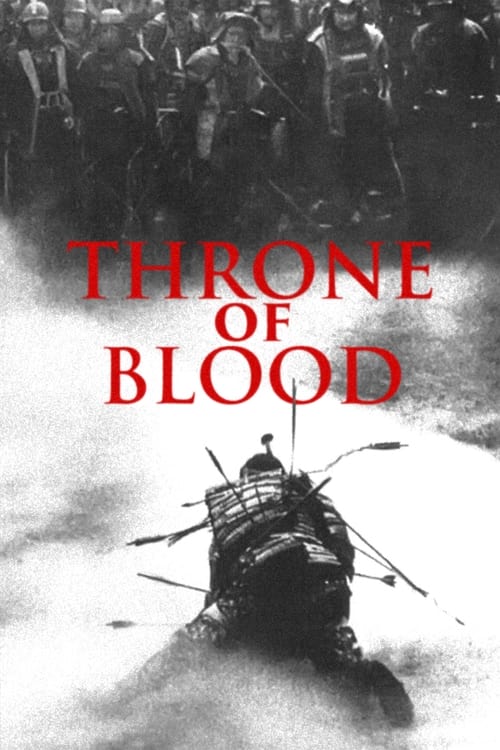 The poster features a gritty, sepia-toned scene of soldiers in a dark, stormy sea, evoking a sense of danger and urgency. The bold red title "Throne of Blood" stands out against the desaturated background, suggesting themes of conflict and bloodshed. The mood is intense and dramatic, capturing th...