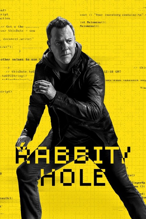 The poster features a muscular man in a black leather jacket against a vibrant yellow background, exuding strength and intensity. The bold, pixelated title "RABBIT HOLE" dominates the lower portion, suggesting a thrilling and suspenseful narrative. The overall composition conveys an action-packed...