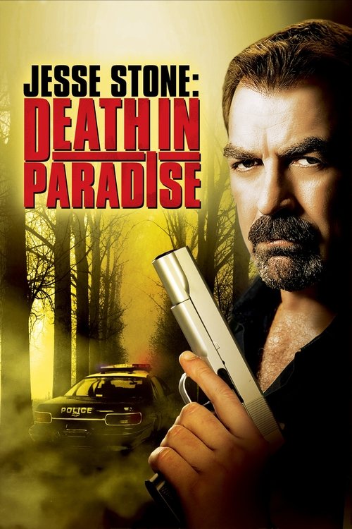 The poster features Jesse Stone holding a gun against a dark, ominous background. The colors are predominantly yellow and black, creating a suspenseful and intense atmosphere. The title "Death in Paradise" is prominently displayed in bold red letters, emphasizing the film's thriller genre.