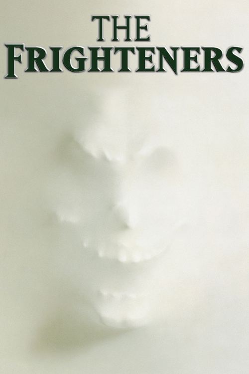 The Frighteners poster features a haunting white skull against a stark white background, evoking a chilling, eerie mood. The dark green text "THE FRIGHTENERS" adds a mysterious and ominous tone, suggesting a horror film with unsettling themes.