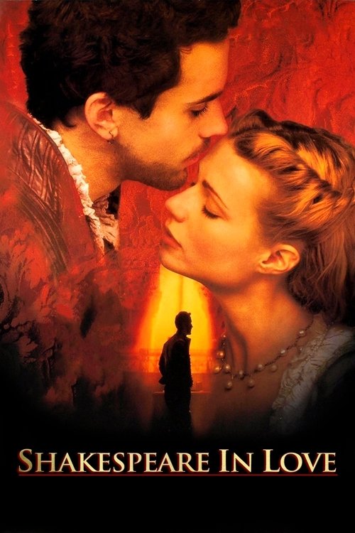 The poster features a romantic couple in a passionate embrace, with warm red and orange tones creating an intimate atmosphere. A silhouette of a man stands in the background, adding depth and mystery. The title "Shakespeare in Love" is elegantly displayed at the bottom, suggesting a blend of clas...