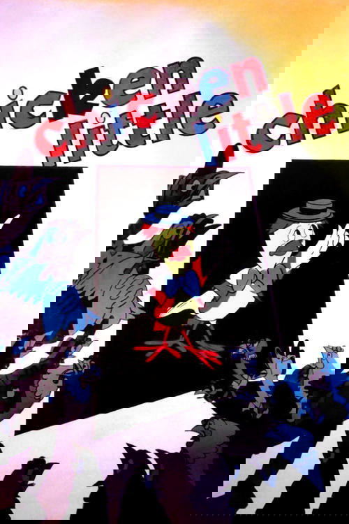 The poster features a cartoon chicken in a blue hat and red shoes, surrounded by silhouettes of people in various poses. The background is a gradient of warm colors, creating a playful and energetic atmosphere.