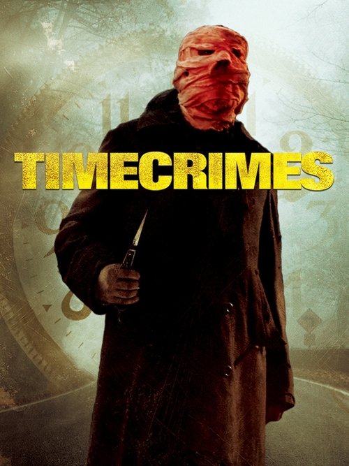 The poster features a menacing figure in a dark coat, with a red mask and intense gaze. The title "TIMECRIMES" is prominently displayed in bold yellow letters against a muted, atmospheric background. The overall mood is eerie and suspenseful, hinting at a thrilling crime drama.