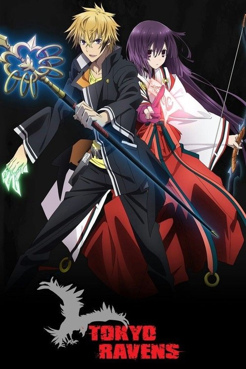 The poster features two anime characters in a dramatic pose against a dark background. The blonde male character wears a black outfit with a red sash, while the purple-haired female character is dressed in a white and red ensemble. Both characters wield swords, suggesting action and adventure. Th...