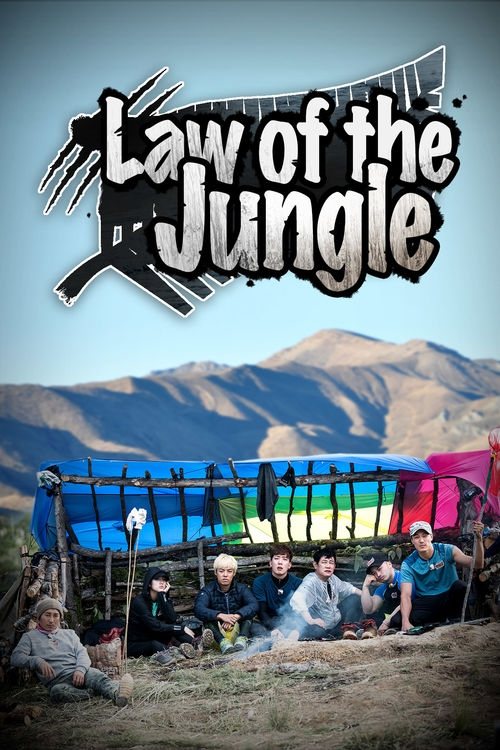 The poster features a group of people gathered around a campfire in a rugged, mountainous landscape. Vibrant colors like blue, pink, and green contrast with the earthy tones of the jungle setting. The mood is adventurous and communal, capturing the essence of an outdoor adventure show.