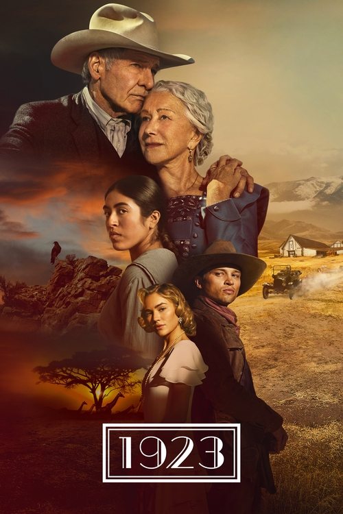 This poster captures a nostalgic 1920s American frontier scene with a sepia-toned palette evoking the golden age of cinema. The image features a group of five characters in period-appropriate clothing, suggesting a classic Western narrative. The warm sunset hues and rugged landscape create a sens...