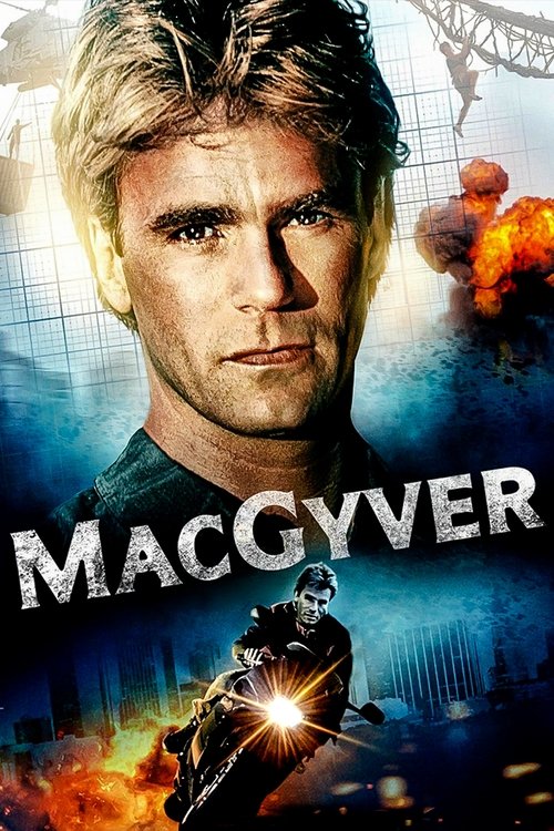 This poster features a determined man with blonde hair against a dramatic backdrop of fiery explosions and shattered glass. The title "MACGYVER" is prominently displayed in bold, metallic letters. The overall mood is intense and action-packed, capturing the essence of a high-stakes survival thril...