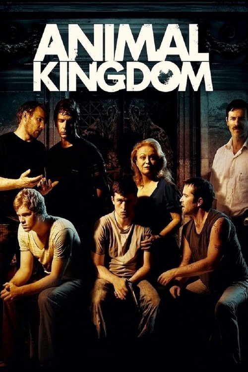 The poster features a group of seven men in dimly lit, moody settings, suggesting a gritty, dramatic tone. The title "Animal Kingdom" is prominently displayed in bold, white lettering against a dark background, evoking themes of conflict and intrigue. The overall composition conveys a sense of te...