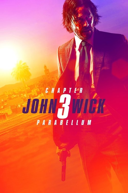 The poster features a powerful figure in a sharp suit against a dramatic sunset backdrop, evoking tension and action. The bold title "John Wick 3 - Parabellum" dominates the center, with the number "3" highlighted in red, emphasizing the film's gritty and intense narrative. The warm, fiery colors...