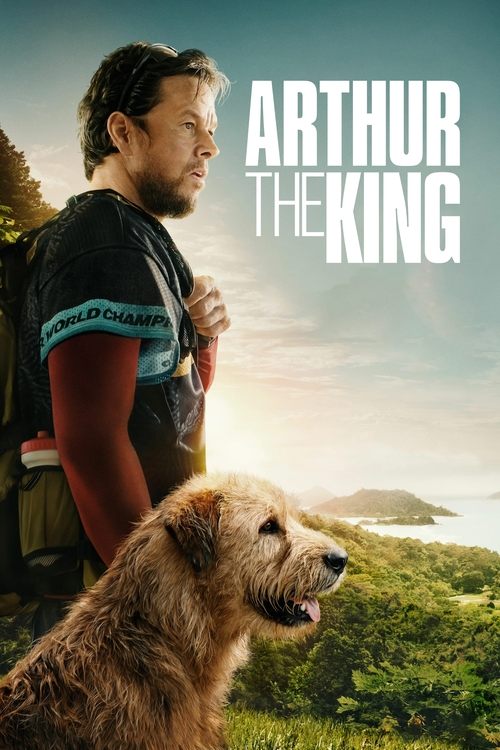 Arthur the King features a rugged man with a beard, wearing a black shirt with blue accents, standing against a backdrop of golden sunset and lush green hills. A fluffy golden dog gazes upward, adding warmth and charm to the serene landscape. The image evokes a sense of adventure and natural beauty.
