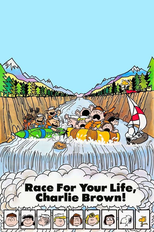 This vibrant poster captures the essence of "Race for Your Life, Charlie Brown" with a lively scene of children joyfully racing down a mountain stream. The bright blue sky, lush green mountains, and cheerful colors evoke a sense of adventure and fun. The playful characters and dynamic action conv...