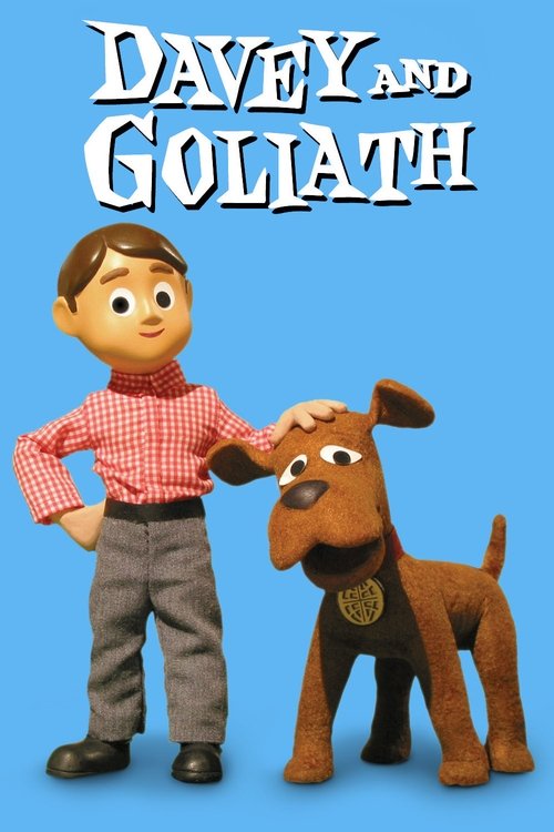 The poster features a cheerful cartoon man in a red shirt and gray pants standing next to a brown dog, set against a bright blue background. The playful characters evoke a friendly and adventurous mood, suggesting a fun and engaging story.
