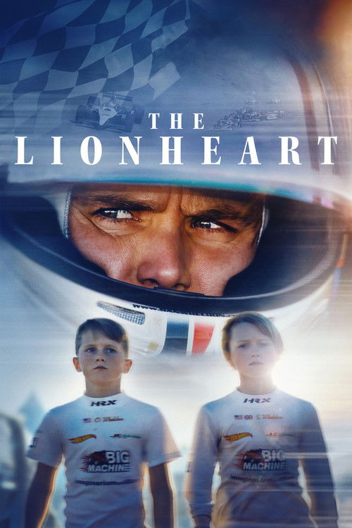 The movie poster features two young boys in racing suits, with a close-up of a helmeted face above. The colors are vibrant, with blues, whites, and reds dominating the image. The mood is intense and action-packed, suggesting a thrilling racing adventure.