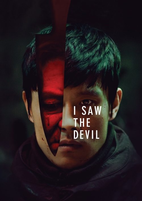 The poster features a split face with one side illuminated in deep red and the other in dark green, creating a striking contrast. The title "I SAW THE DEVIL" is prominently displayed in white text across the center. The overall mood is mysterious and eerie, evoking suspense and horror.