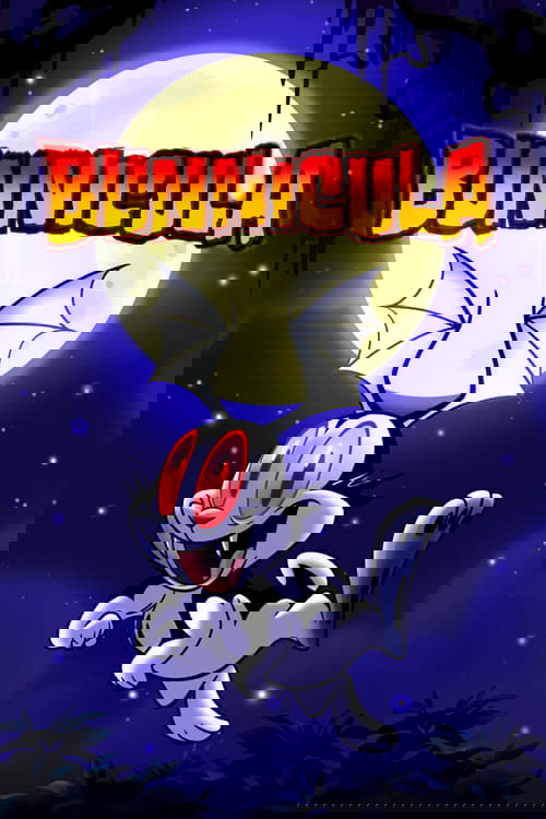 Bunnicula, a mischievous white cat, leaps joyfully against a full moon backdrop. The poster features vibrant colors and a spooky yet whimsical mood, capturing the show's playful spirit.