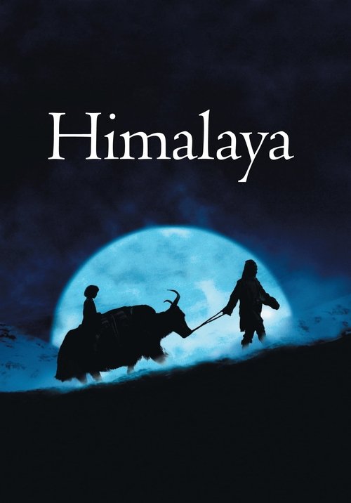 The poster features a lone figure pulling a cow against a vast, moonlit Himalayan landscape. The deep blue tones evoke a sense of mystery and adventure, while the silhouette of the cow and rider adds a touch of rustic charm.