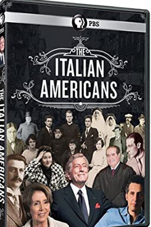 The Italian Americans poster features a collage of diverse family members, including a central figure in a suit and a woman in a checkered shirt, set against a dark background with the show's title in elegant white lettering. The image conveys a sense of heritage and community, with warm tones an...