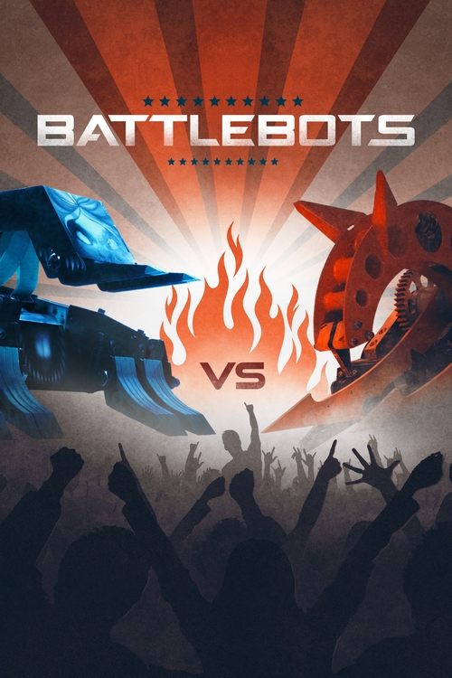 This poster features a dramatic battle scene between two BattleBots, one blue and one red, with flames in the center. Silhouettes of cheering crowd members add energy and excitement. The intense colors and dynamic composition convey a high-stakes, action-packed atmosphere.
