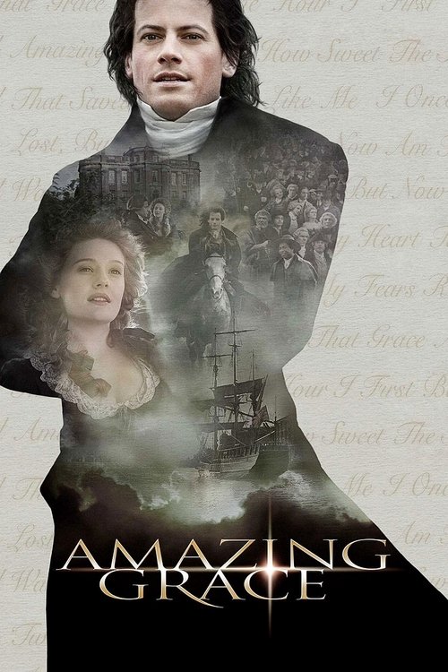 The poster features a man in a tuxedo with a woman's face superimposed over his chest, surrounded by a moody, sepia-toned illustration of a historical scene. The title "Amazing Grace" is prominently displayed at the bottom, evoking a sense of solemnity and historical drama.