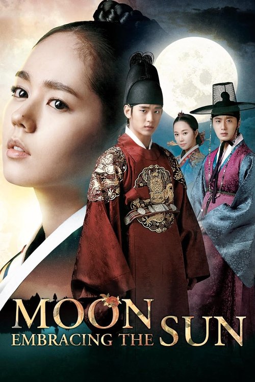 The poster features a striking close-up of a young woman with a serene expression, set against a dramatic backdrop of a full moon and traditional Korean attire. The warm tones of the moonlight contrast with the rich reds and golds of the clothing, evoking a sense of romance and mystery. The title...