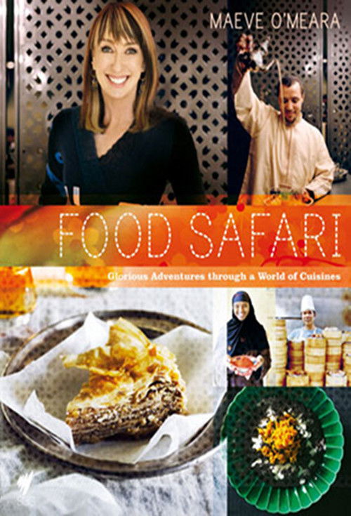 This TV show poster for "Food Safari" features a warm, inviting atmosphere with vibrant colors. A woman smiles proudly while another person raises their hand in celebration. The image includes a close-up of a delicious-looking dish and a green bowl, suggesting a culinary journey. The overall mood...