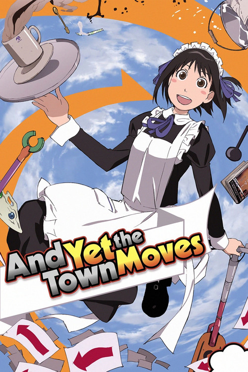 The anime poster features a cheerful young girl in a maid outfit, holding a hat and surrounded by colorful, chaotic elements like a clock, a bird, and scattered papers. The vibrant orange and blue background adds energy to the scene, conveying a lively and playful mood.