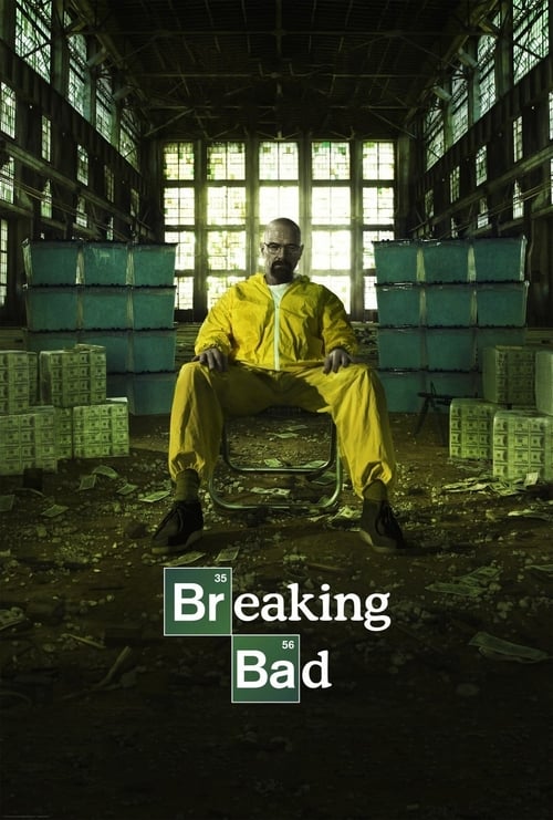 The poster features a man in a bright yellow jumpsuit sitting on a concrete ledge, surrounded by stacks of crates. The scene is dimly lit with harsh sunlight streaming through high windows, creating dramatic shadows and a gritty atmosphere. The title "Breaking Bad" appears in bold white letters a...