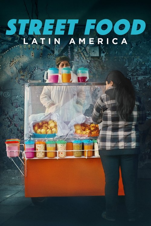 The poster features a woman in a plaid shirt standing in front of a vibrant street food cart, surrounded by colorful ingredients and drinks. The warm orange tones of the cart contrast with the cool blue text, creating a visually striking composition that evokes the lively atmosphere of a bustling...