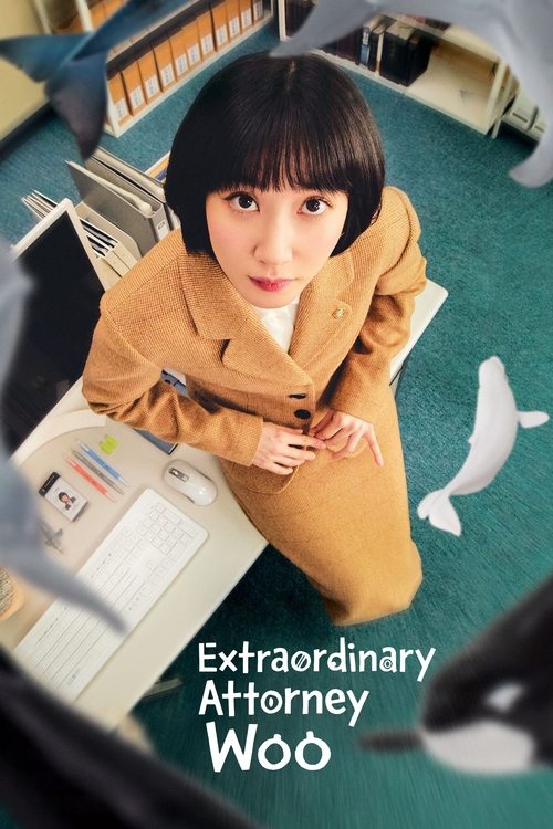 The poster features a young woman with short dark hair, wearing a tan coat, sitting on a desk with books and a laptop. The background shows a green carpet with a white bird design. The text "Extraordinary Attorney Woo" is displayed in white at the bottom. The overall mood is calm and professional.