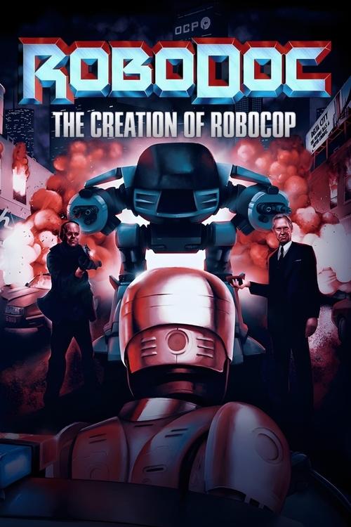 The poster features a striking composition with a large, menacing RoboCop in the center, surrounded by smaller figures in dark suits. Vibrant reds and blues dominate the scene, creating an intense, futuristic atmosphere. The title "ROBODOC" is prominently displayed at the top in bold, metallic le...