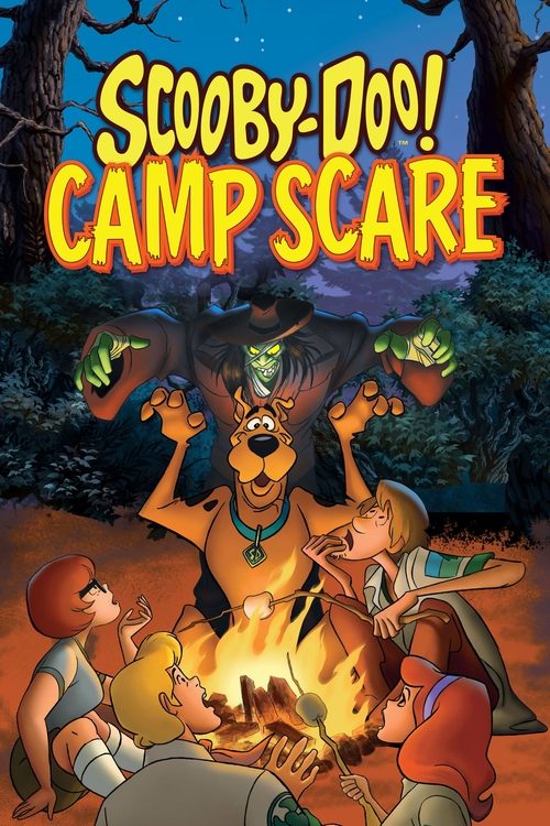 This vibrant poster captures the adventurous spirit of "Scooby-Doo! Camp Scare," featuring Scooby-Doo and his friends gathered around a warm campfire in a spooky forest. The rich colors of orange, red, and green evoke a sense of excitement and danger, while the dark, mysterious background hints a...