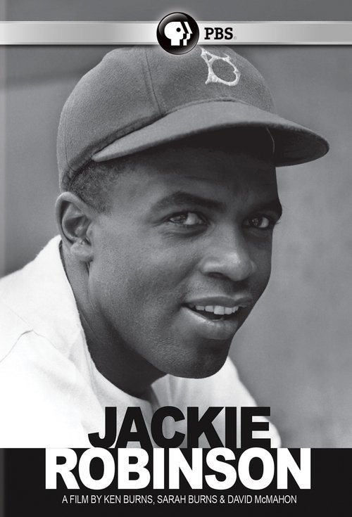 The poster features Jackie Robinson in a black-and-white portrait, wearing a baseball cap and smiling warmly. The bold text "JACKIE ROBINSON" dominates the bottom, with "A FILM BY BEN KIRK, SARAH BURNS AND DAVID MASON" below. The overall mood is nostalgic and celebratory, capturing the iconic mom...